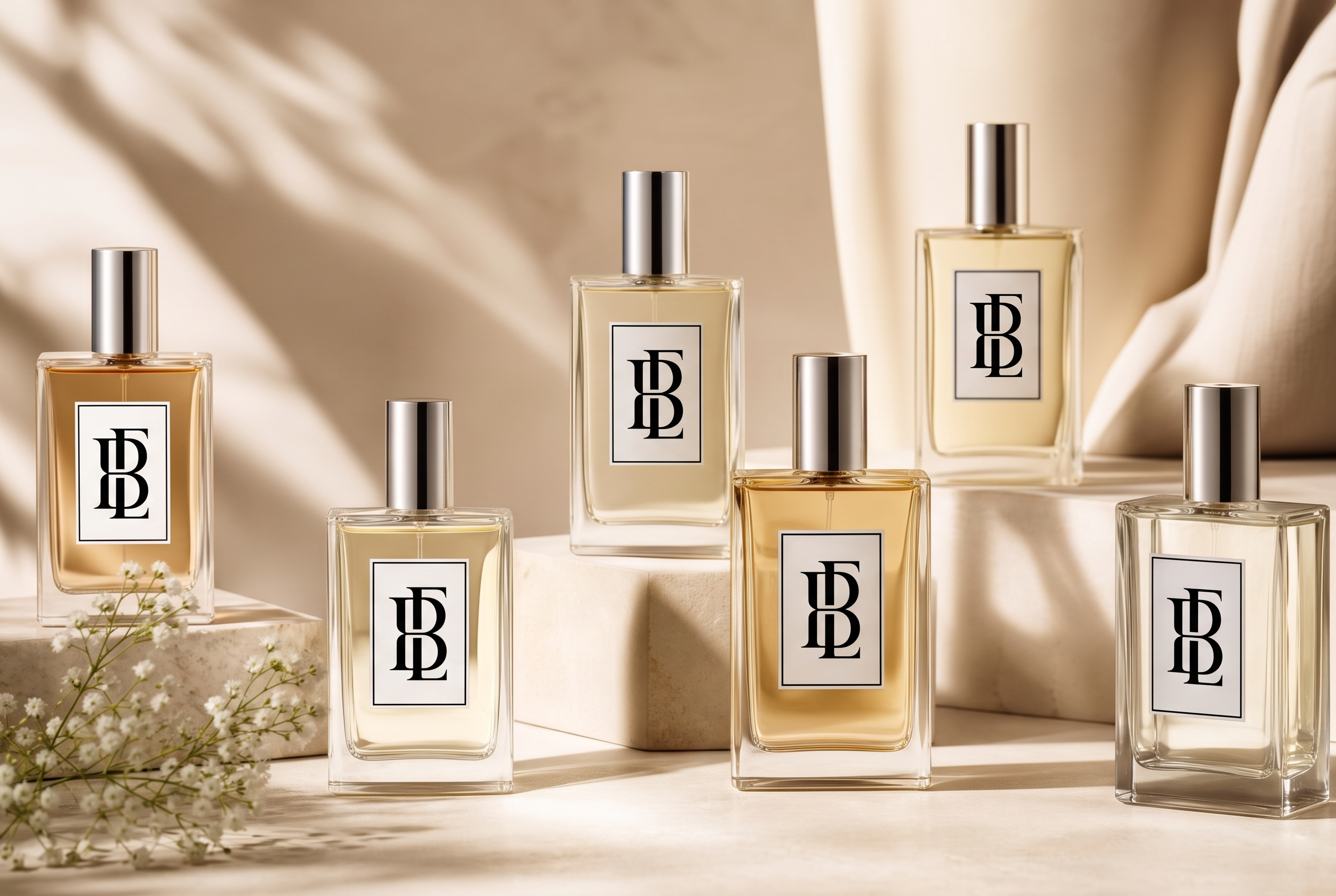 Blend Of Essence signature perfume bottles with the B monogram in gold